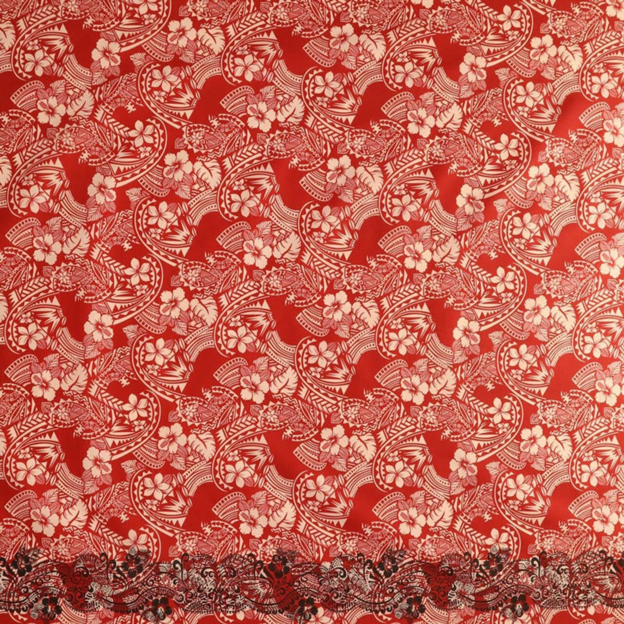 1 Yard Polynesian Hibiscus & Plumeria Flowers Traditional Tattoo Fabric Single Border Poly Cotton 45 Inches Wide